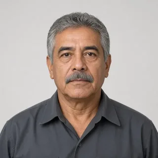 AI-generated portrait of the HVAC Technician Mentor, a fictional person: a man with salt-and-pepper hair and a grey mustache in a charcoal work shirt
